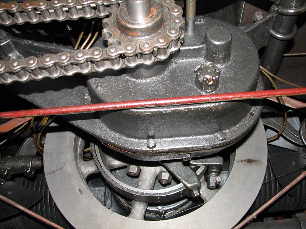 Detail of Chain drive, flywheel and the engine's horizontally-opposed cylinders 